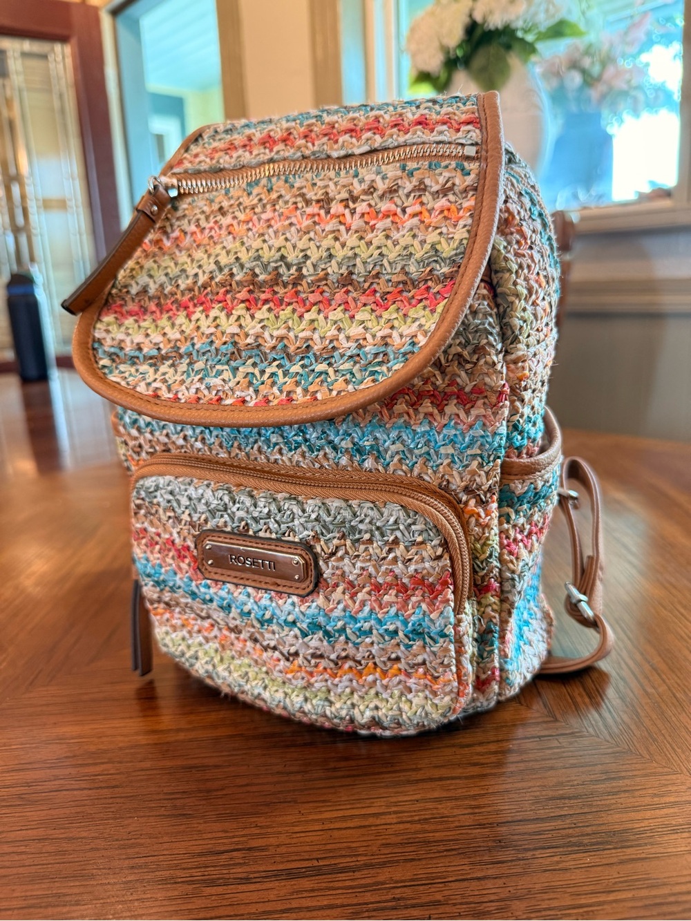 Rosetti Multicolor Crochet Mini Backpack with Tan Trim